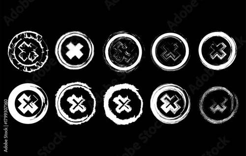 An expressive set of distressed X symbols featuring irregular circular borders. Ideal for designers looking for grunge badges, rejection marks, error icons, and bold abstract graphic resources.