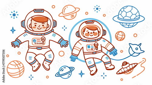 A cheerful vector illustration of two child astronauts floating in outer space among planets, stars, and celestial objects. Cute line art style. Suitable for children's projects, education, and books.