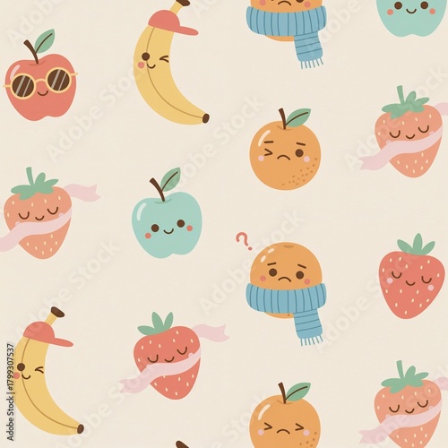 Modern repeating pattern features simple fruit doodles, each expressing a subtle emotion—joy, mischief, confusion, and calm. Fruits are decorated with playful accents such as retro sunglasses, basebal