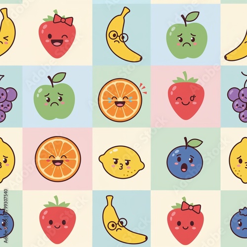 Seamless pattern of simple fruit shapes with micro-emotions—each fruit expresses a distinct mood, such as a smiling strawberry with a bow and a winking banana with glasses. The design is minimalist, w