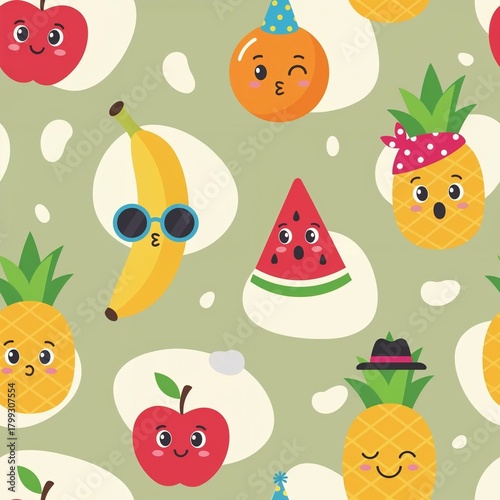 Seamless pattern of simplified fruit silhouettes—each featuring expressive cartoon faces (smiles, winks, pouts, wide eyes) and playful accessories like bright hats, sunglasses, and bandanas. The compo
