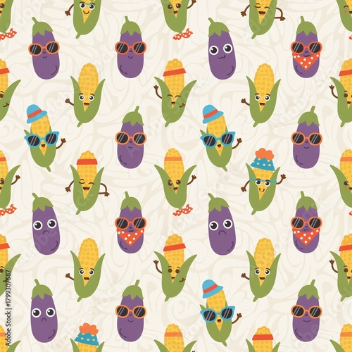 Seamless pattern featuring simplified silhouettes of vegetables—pea pods, corn cobs, and eggplants—with expressive cartoon faces (smiles, winks, pouts, wide eyes) and playful accessories like bright h