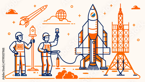 Modern vector illustration depicting engineers preparing a rocket for launch at a cosmodrome.