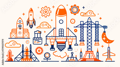 Modern vector illustration depicting engineers preparing a rocket for launch at a cosmodrome.