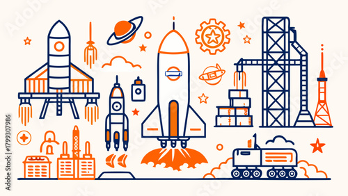 Modern vector illustration depicting engineers preparing a rocket for launch at a cosmodrome.