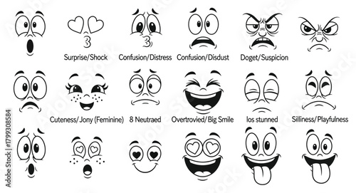 Collection of hand drawn cartoon faces expressing a wide range of emotions and expressions