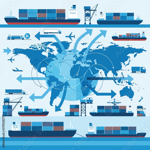 Global trade network connecting continents with cargo ships, airplanes, and trucks illustrating worldwide logistics and international commerce in a modern style.