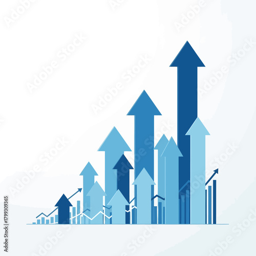 Blue arrows rising upwards on white surface, symbolizing growth and success in business and finance, creating a positive and optimistic theme.