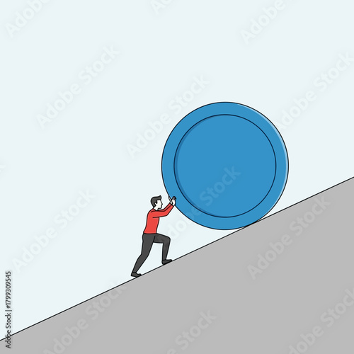 Man pushing large blue coin uphill, symbolizing financial struggle and determination in overcoming challenges, with a minimalist and motivational theme.