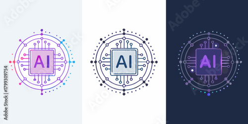 Abstract ai chip graphic with circuit board connections and nodes in multiple color schemes