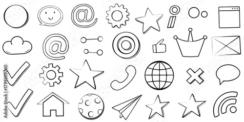 Collection of hand drawn social media and communication icons in black outline on a white background