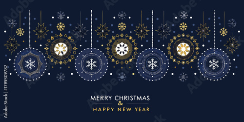 Elegant merry christmas and happy new year greeting card with hanging snowflakes and ornaments on a dark blue background