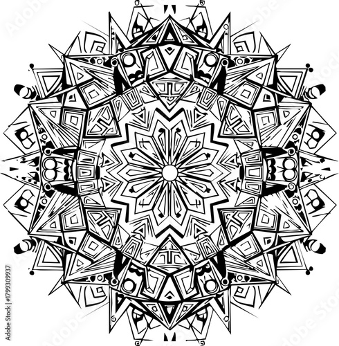 Intricate black and white mandala design radiating spiritual calm and complex geometric beauty for peaceful meditation and creative projects