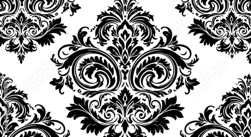 Elegant black damask pattern design for luxurious invitations, textiles, and sophisticated branding projects.