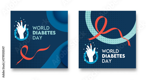 World Diabetes Day. Social Media design with illustration of blood dripping on hand and diabetes circle symbol