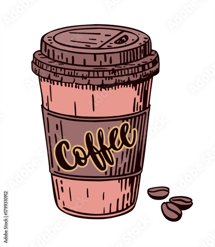 Sketch plastic coffee cup. Coffee to go. Take away coffee. Paper takeaway cup with plastic lid line vector silhouette illustration on white background for poster, coffee shop design