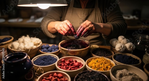 Artisan dyer creating vibrant colors with natural dyes for textiles and fiber arts creations