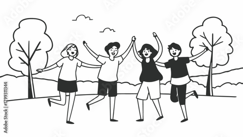 Illustration of a group of friends holding hands and celebrating in a park isolated on happy people enjoying friendship and nature