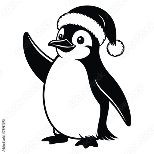 Cute penguin wearing a santa hat waving hello