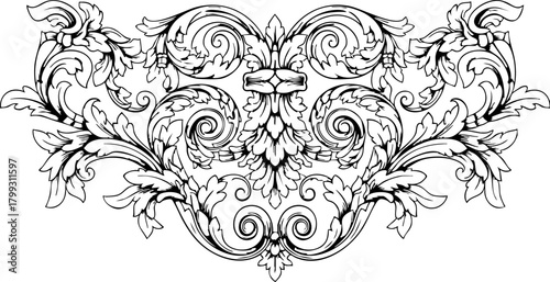 Elegant ornamental flourish with swirling acanthus leaves and intricate scrollwork, perfect for luxury branding and vintage design projects.