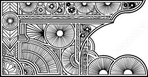 Intricate black and white geometric abstract border design with art deco inspired sunburst and fan motifs for elegant decorative use