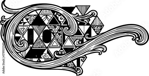 Intricate geometric pattern design with decorative flourish, perfect for elegant branding and artistic projects, offering unique visual appeal and sophisticated style.