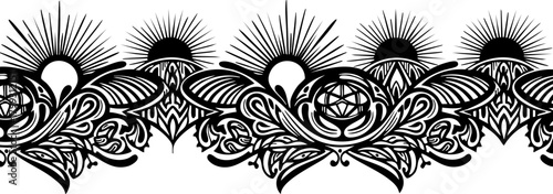 Intricate black ornamental border design featuring stylized sunbursts and elegant floral motifs, perfect for decorative accents and graphic elements.