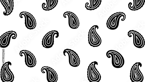Elegant black paisley motifs scattered across a clean white backdrop creating a timeless decorative pattern for sophisticated designs