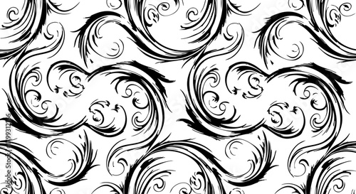 Elegant black ornate scrollwork seamlessly repeats creating a sophisticated vintage damask pattern ideal for luxurious textile design and timeless decor applications