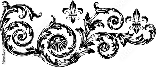 Bilde på lerret Elegant ornate scrollwork flourish with regal fleur de lis and seashell motifs, perfect for vintage invitations and luxury branding