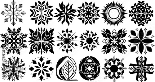 Elegant and intricate black and white ornamental designs perfect for festive decorations, branding, and creative projects.