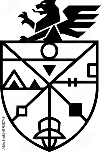 Striking modern crest emblem with mythical griffin atop abstract geometric shield design symbolizing heritage and innovation for branding