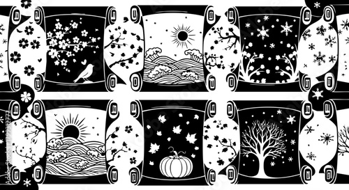 Elegant scroll vignettes showcase nature's beauty across seasons capturing spring blossoms summer waves autumn harvest winter snow and bare trees
