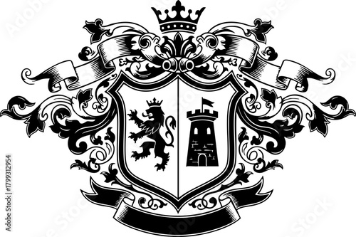Elegant heraldic crest featuring a lion and castle under a regal crown, perfect for historical designs and premium branding.