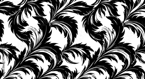 Elegant black and white baroque floral pattern seamless design for luxury textiles and wallpapers evoking timeless sophistication and artistic flair