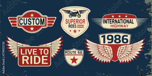 Collection of vintage motorcycle emblems and badges with wings and retro text on a grunge background