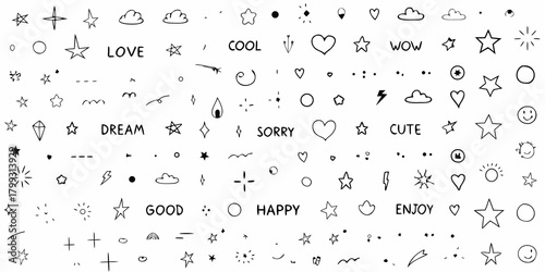 Collection of hand drawn doodle elements including stars hearts clouds and words like love and happy
