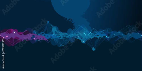 Abstract digital wave form with geometric network connections and dark blue background