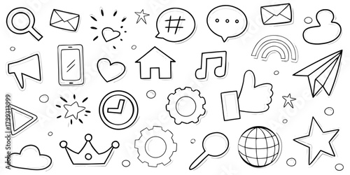Collection of hand drawn social media icons and symbols in a doodle style on a white background