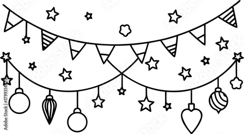 Festive bunting and star decorations on white background illustration