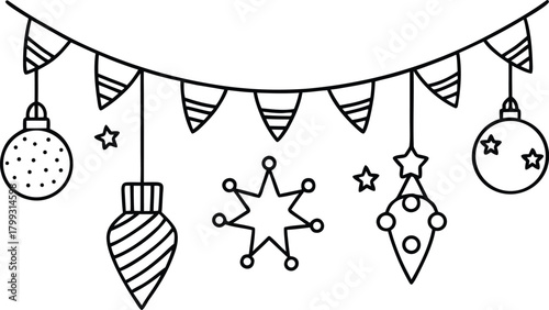 Christmas string garland with baubles and stars, line art decoration