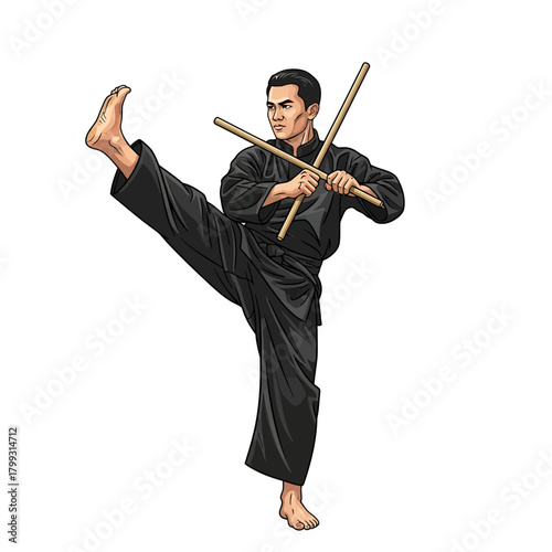 Martial Artist Performing High Kick while Wielding Fighting Sticks (Eskrima/Kali)