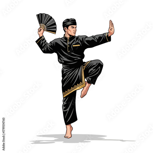 Traditional Silat Martial Arts Fighter Vector Illustration, Performing Kipas Stance on White Background