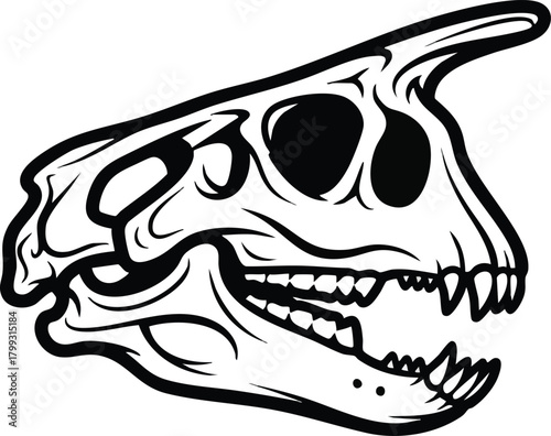 Monochrome dinosaur skull illustration