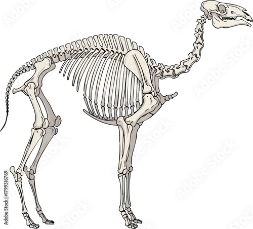 Skeletal Reconstruction of a Prehistoric Animal in Detailed Illustration