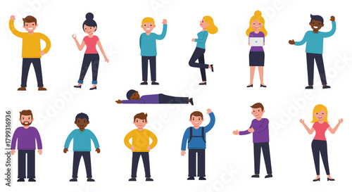 Diverse people vector characters with various poses perfect for illustrating teamwork communication and human interaction in presentations.