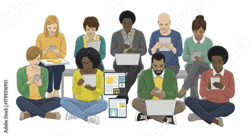 Diverse group connecting with digital devices people using tablets smartphones and laptops working together collaboration and communication concept.