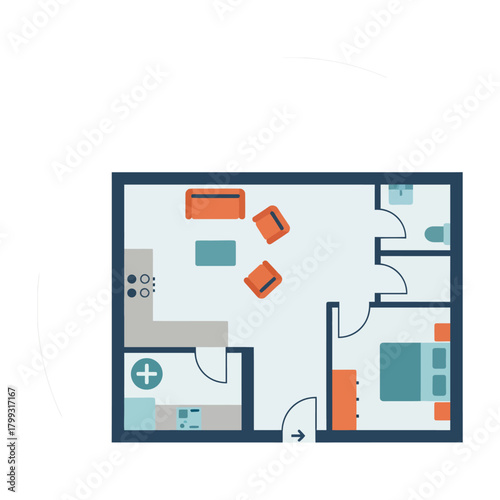 floor plan illustration of a modern apartment layout with living room kitchen bedroom and bathroom ideal for real estate and home design.