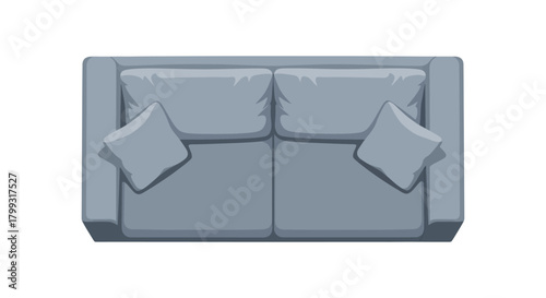 a modern grey two-seater sofa with pillows depicted in a flat top view for interior design and floor plan layouts