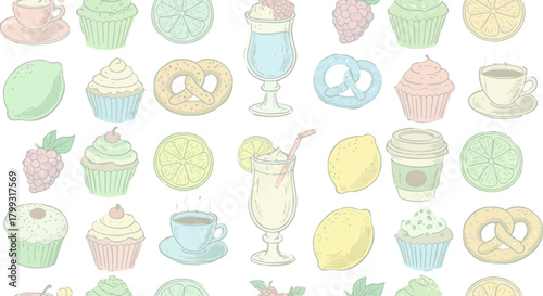 a soft pastel hand drawn food and drink seamless pattern featuring cupcakes pretzels and beverages perfect for cafe menus.